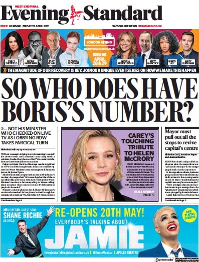 London Evening Standard (UK) Newspaper Front Page for 24 April 2021