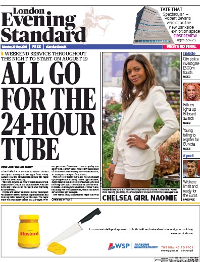 London Evening Standard Newspaper Front Page for 24 May 2016