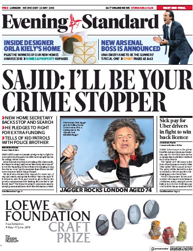 London Evening Standard Newspaper Front Page for 24 May 2018