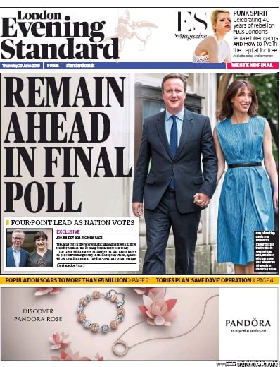 London Evening Standard Newspaper Front Page for 24 June 2016