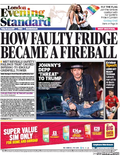 London Evening Standard Newspaper Front Page for 24 June 2017