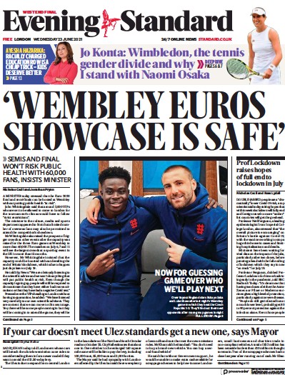 London Evening Standard (UK) Newspaper Front Page for 24 June 2021