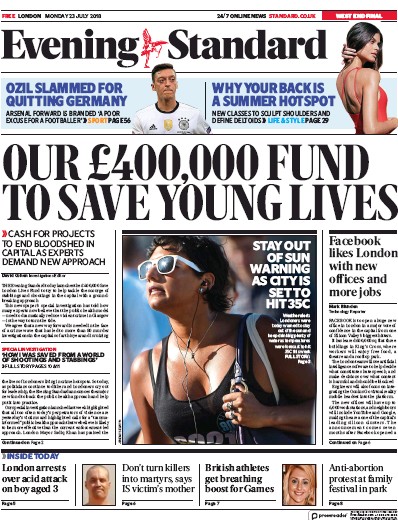 London Evening Standard (UK) Newspaper Front Page for 24 July 2018