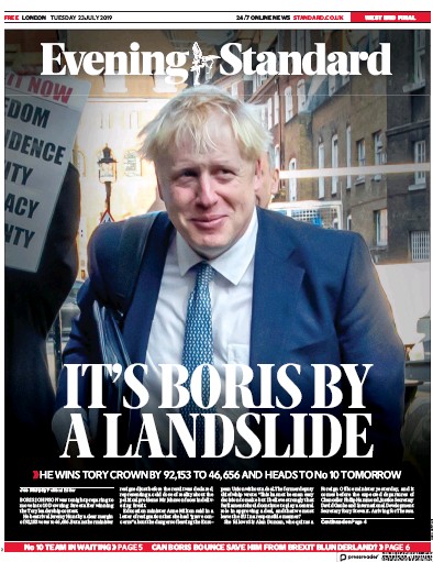 London Evening Standard Newspaper Front Page for 24 July 2019