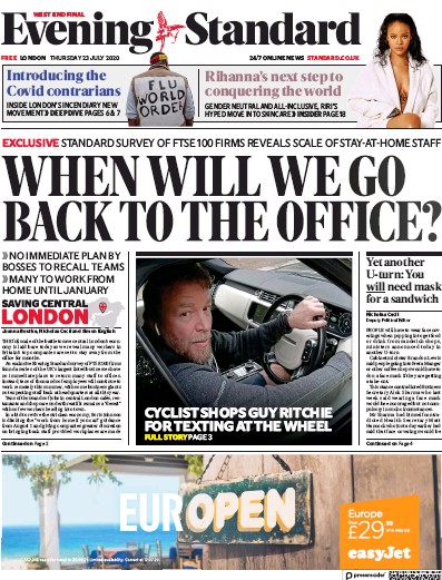 London Evening Standard Newspaper Front Page for 24 July 2020