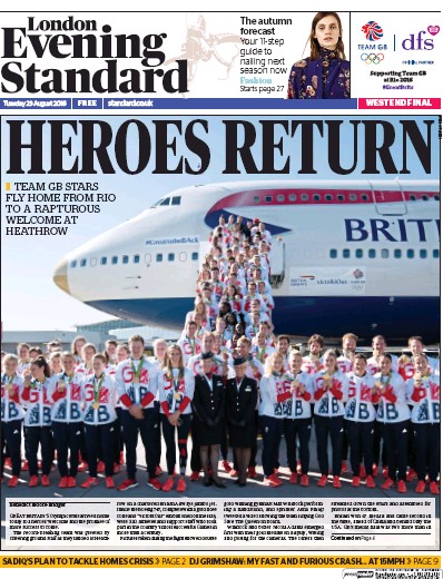 London Evening Standard Newspaper Front Page for 24 August 2016