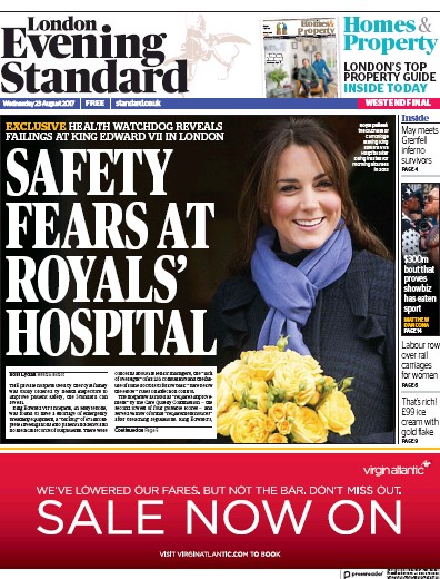 London Evening Standard Newspaper Front Page for 24 August 2017