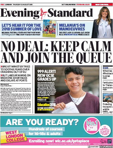 London Evening Standard Newspaper Front Page for 24 August 2018