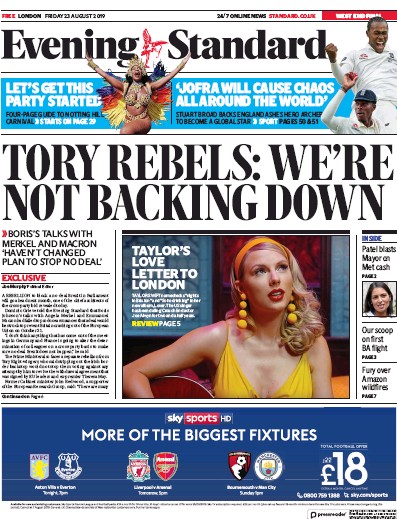 London Evening Standard (UK) Newspaper Front Page for 24 August 2019