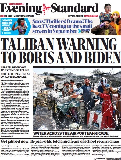 London Evening Standard (UK) Newspaper Front Page for 24 August 2021