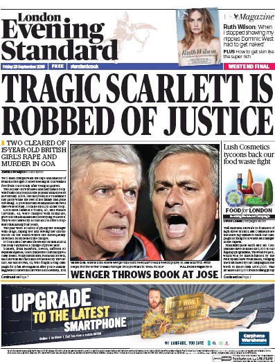 London Evening Standard Newspaper Front Page for 24 September 2016