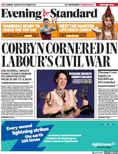 London Evening Standard Newspaper Front Page for 24 September 2019