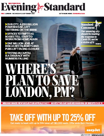 London Evening Standard Newspaper Front Page for 24 September 2020