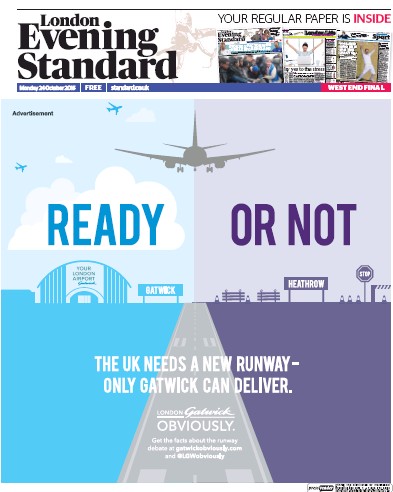 London Evening Standard Newspaper Front Page for 25 October 2016