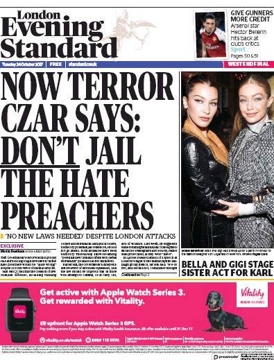 London Evening Standard Newspaper Front Page for 25 October 2017