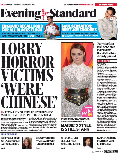 London Evening Standard Newspaper Front Page for 25 October 2019