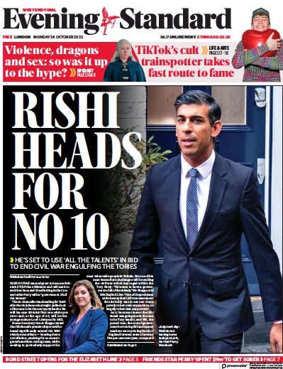 London Evening Standard Newspaper Front Page for 25 October 2022