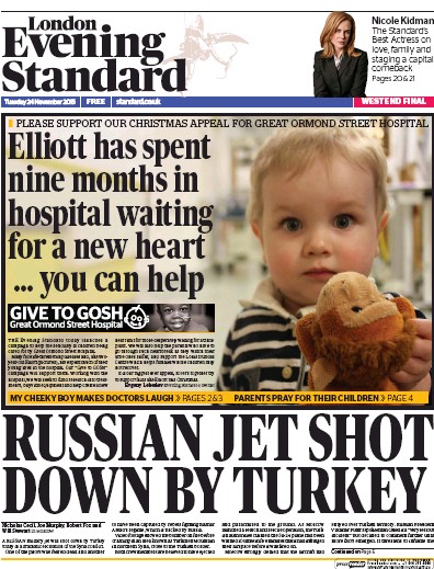 London Evening Standard (UK) Newspaper Front Page for 25 November 2015