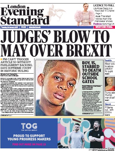 London Evening Standard Newspaper Front Page for 25 January 2017