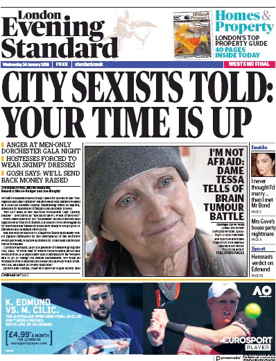 London Evening Standard Newspaper Front Page for 25 January 2018