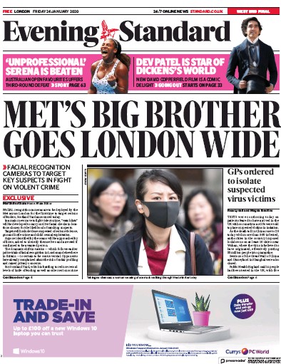 London Evening Standard Newspaper Front Page for 25 January 2020
