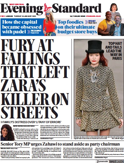 London Evening Standard (UK) Newspaper Front Page for 25 January 2023
