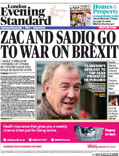London Evening Standard Newspaper Front Page for 25 February 2016