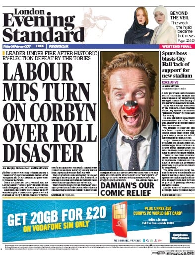 London Evening Standard (UK) Newspaper Front Page for 25 February 2017