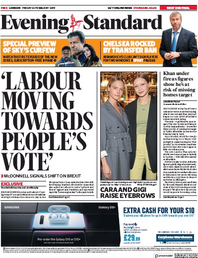 London Evening Standard Newspaper Front Page for 25 February 2019