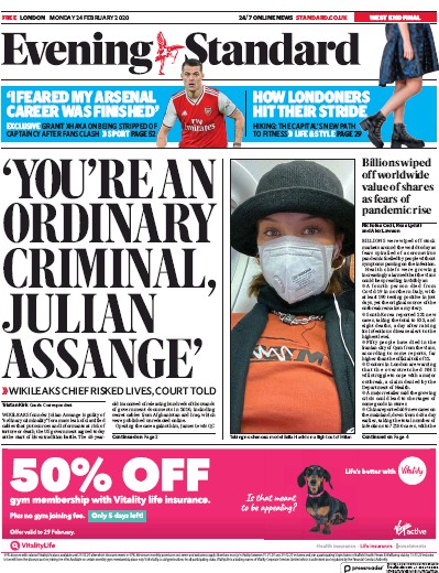 London Evening Standard (UK) Newspaper Front Page for 25 February 2020