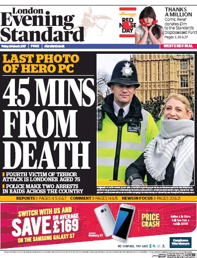 London Evening Standard Newspaper Front Page for 25 March 2017
