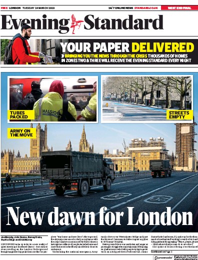 London Evening Standard Newspaper Front Page for 25 March 2020