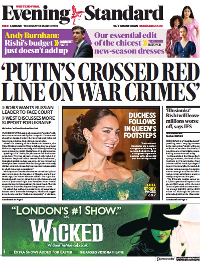 London Evening Standard Newspaper Front Page for 25 March 2022