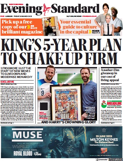 London Evening Standard (UK) Newspaper Front Page for 25 March 2023