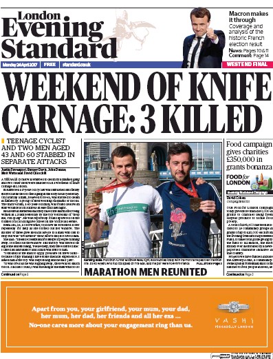 London Evening Standard Newspaper Front Page for 25 April 2017