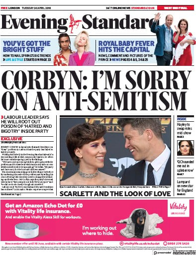 London Evening Standard Newspaper Front Page for 25 April 2018