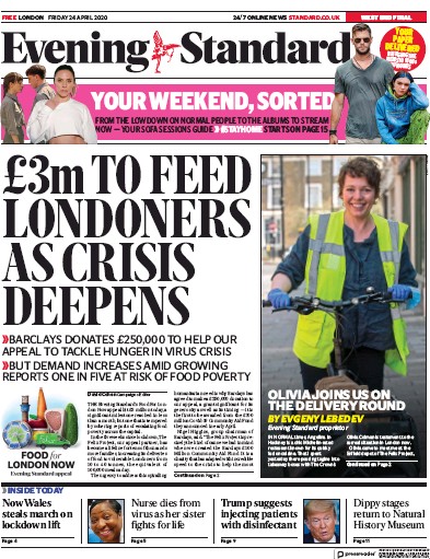 London Evening Standard Newspaper Front Page for 25 April 2020