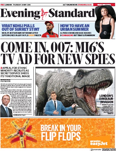 London Evening Standard Newspaper Front Page for 25 May 2018