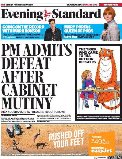London Evening Standard Newspaper Front Page for 25 May 2019