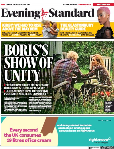 London Evening Standard Newspaper Front Page for 25 June 2019