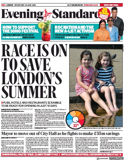 London Evening Standard (UK) Newspaper Front Page for 25 June 2020