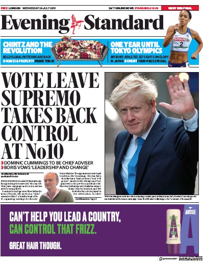 London Evening Standard (UK) Newspaper Front Page for 25 July 2019