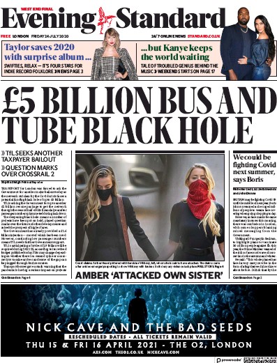 London Evening Standard Newspaper Front Page for 25 July 2020