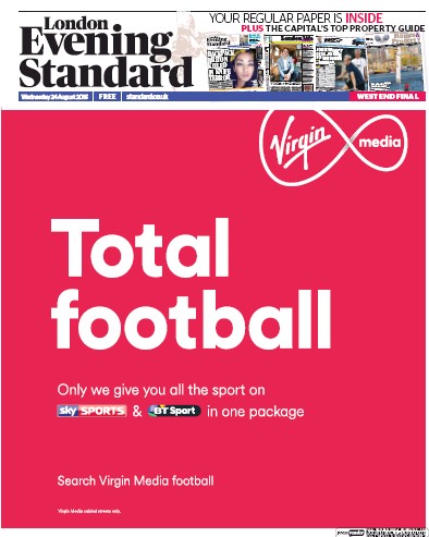 London Evening Standard Newspaper Front Page for 25 August 2016