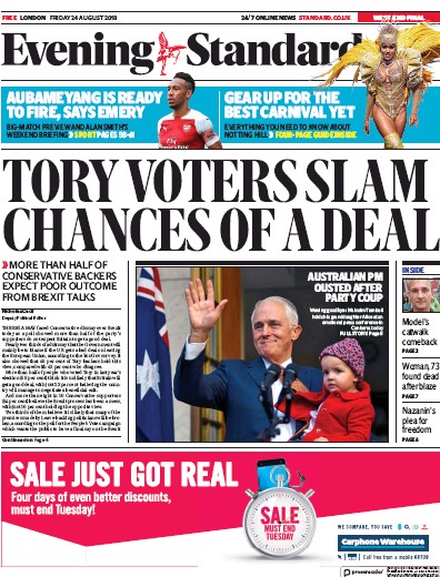 London Evening Standard Newspaper Front Page for 25 August 2018