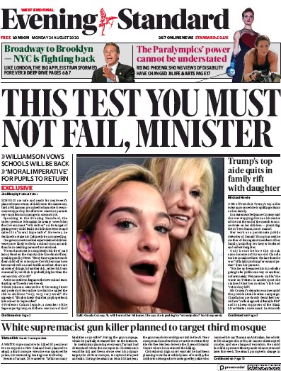 London Evening Standard Newspaper Front Page for 25 August 2020