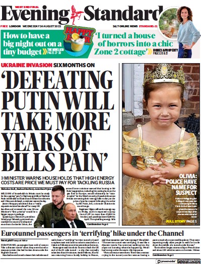 London Evening Standard (UK) Newspaper Front Page for 25 August 2022