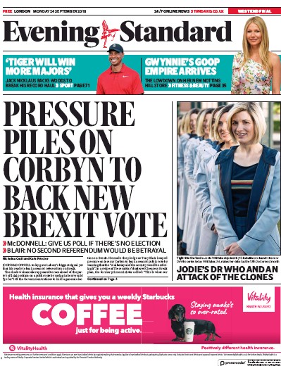 London Evening Standard Newspaper Front Page for 25 September 2018