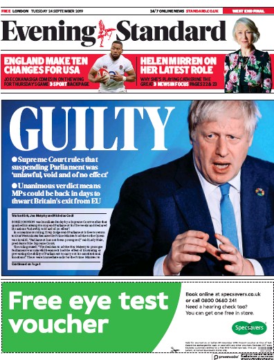 London Evening Standard Newspaper Front Page for 25 September 2019