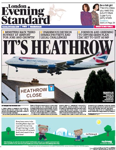 London Evening Standard Newspaper Front Page for 26 October 2016